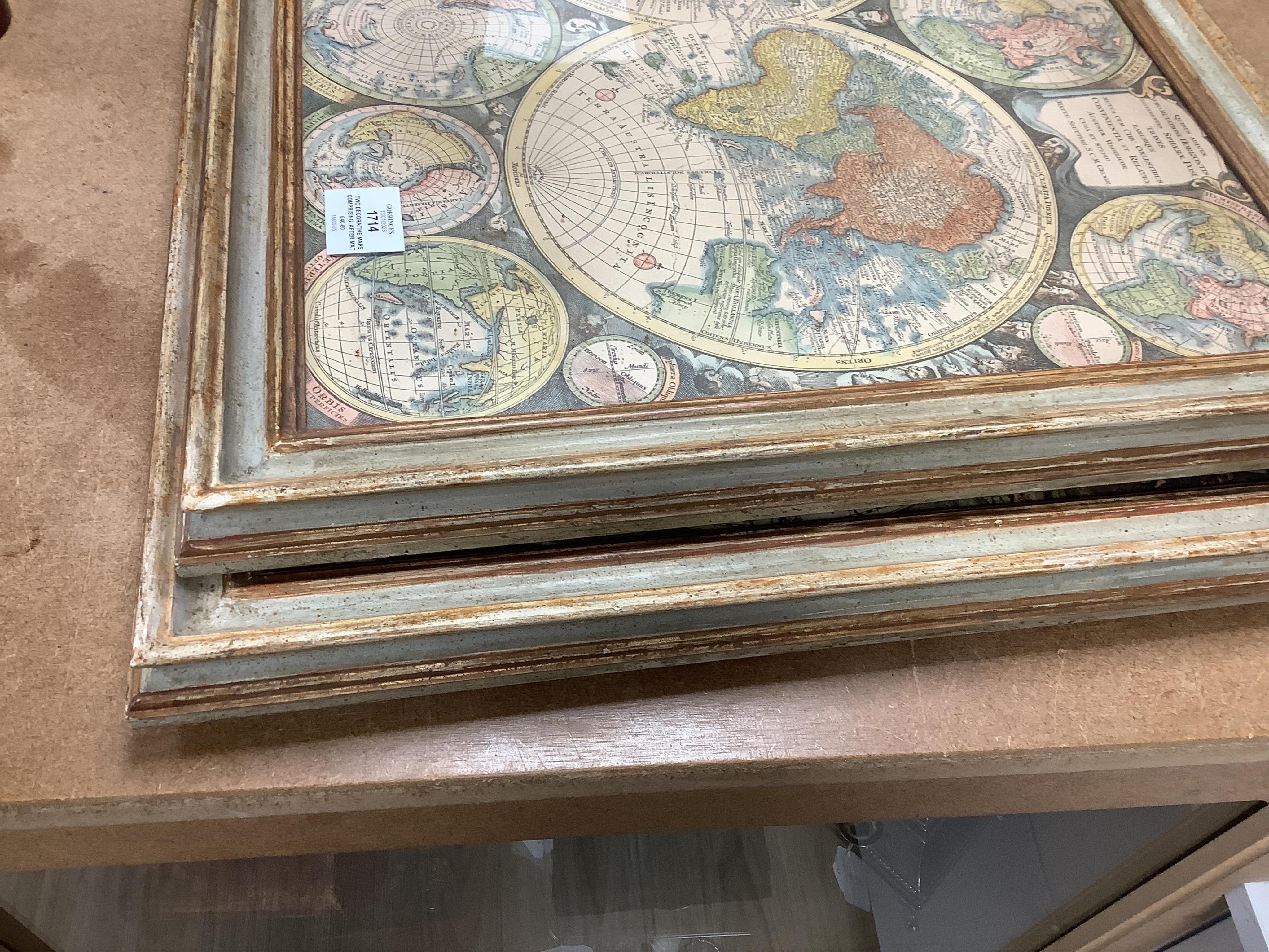 Two decorative maps comprising, after Matthew Seutter, double hemisphere world map and a similar example after G. Valk, 44 x 51cm. Condition - good
